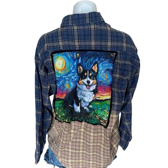 Corgi Dog Lover Plaid Flannel Shirt LARGE Oversized Van Gough Upcycle Unique - Picture 1 of 7